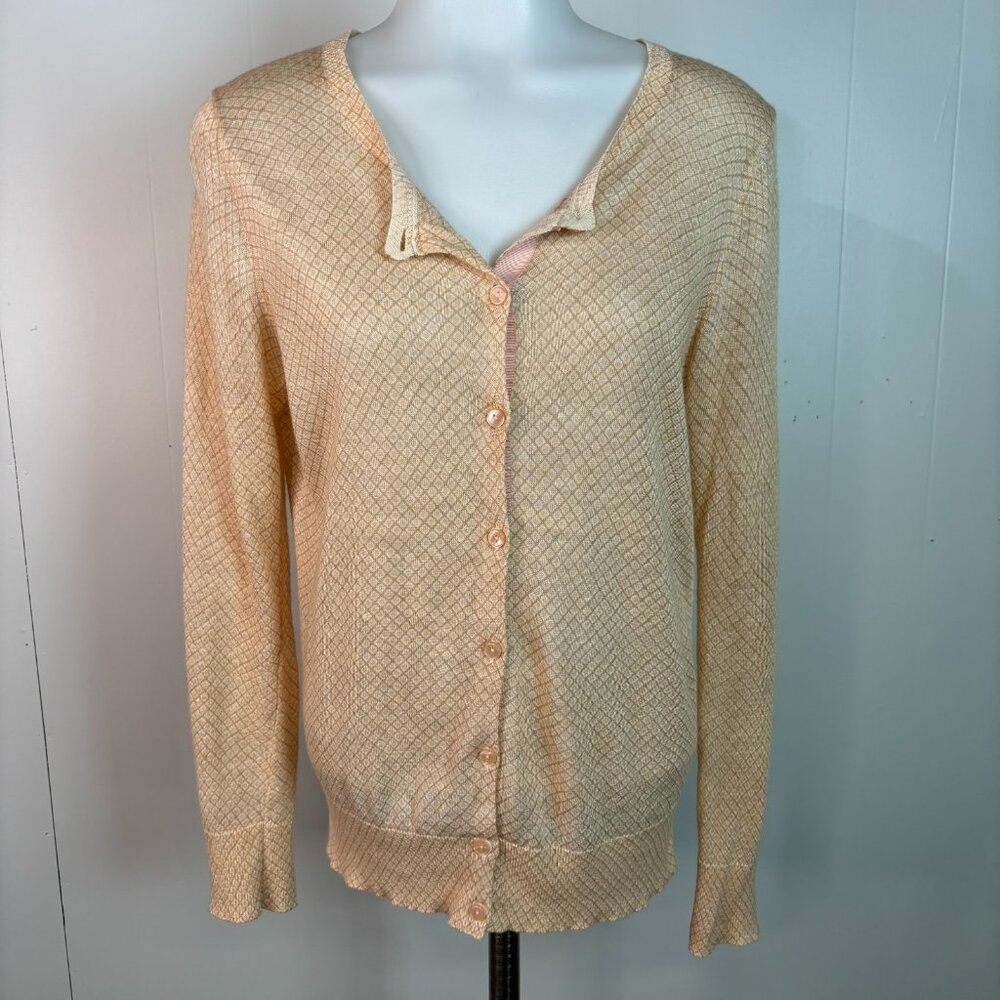 LOFT Cardigan Medium Orange Diamond Print Button-Front Lightweight Sheer Sweater
